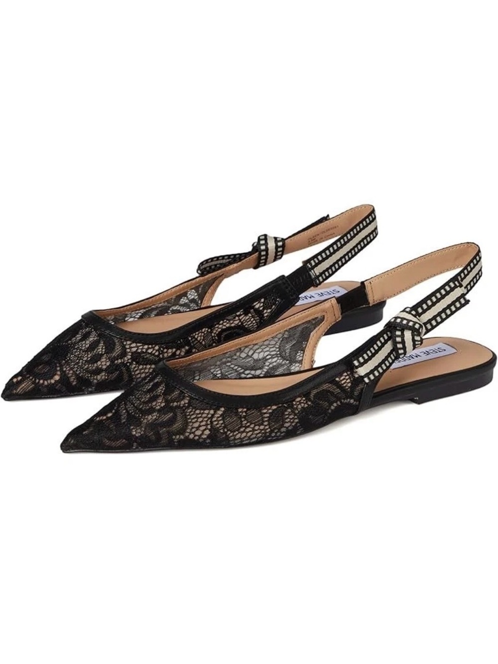 Steve Madden Black Lace Pointed Slingback Flats with Striped Strap